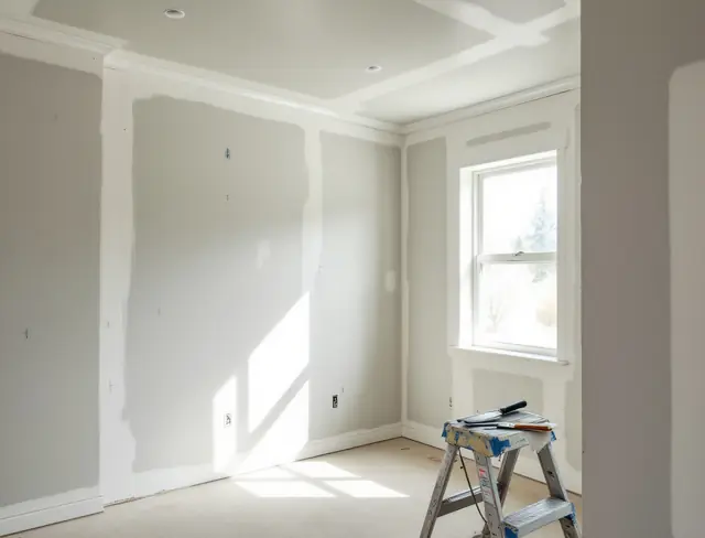 Room with new drywall, taped and mudded seams