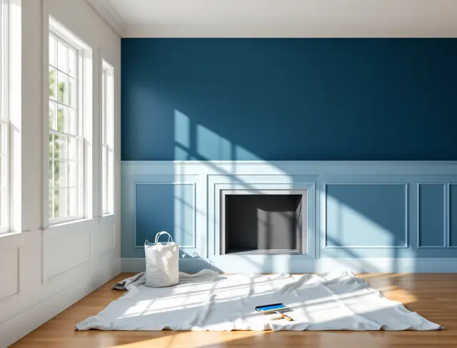 Freshly painted living room with a navy accent wall