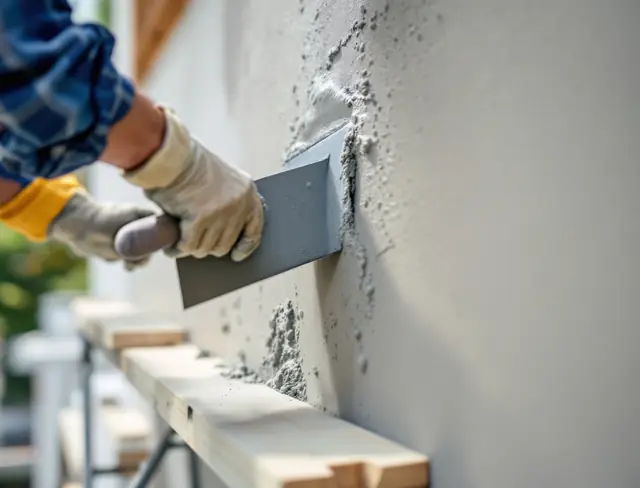 Gloved hands smoothing a fresh stucco finish coat with a trowel